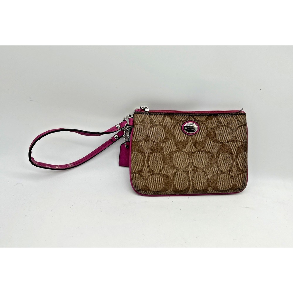 Coach Peyton Signature Coin Purse Wristlet Monogram Brown Logo Canvas